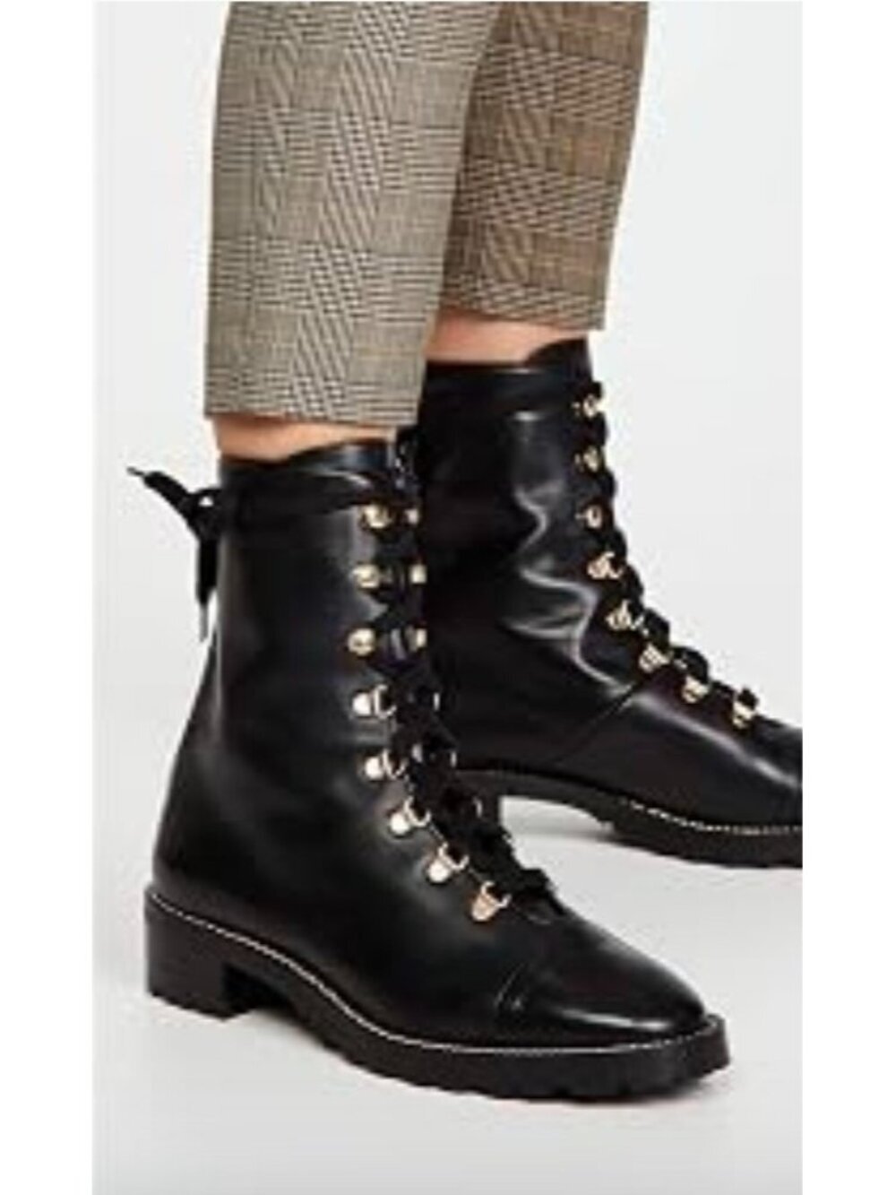 Stuart Weitzman Kolbie Chain Black Leather Combat Boots Gold US 9.5 EU 40